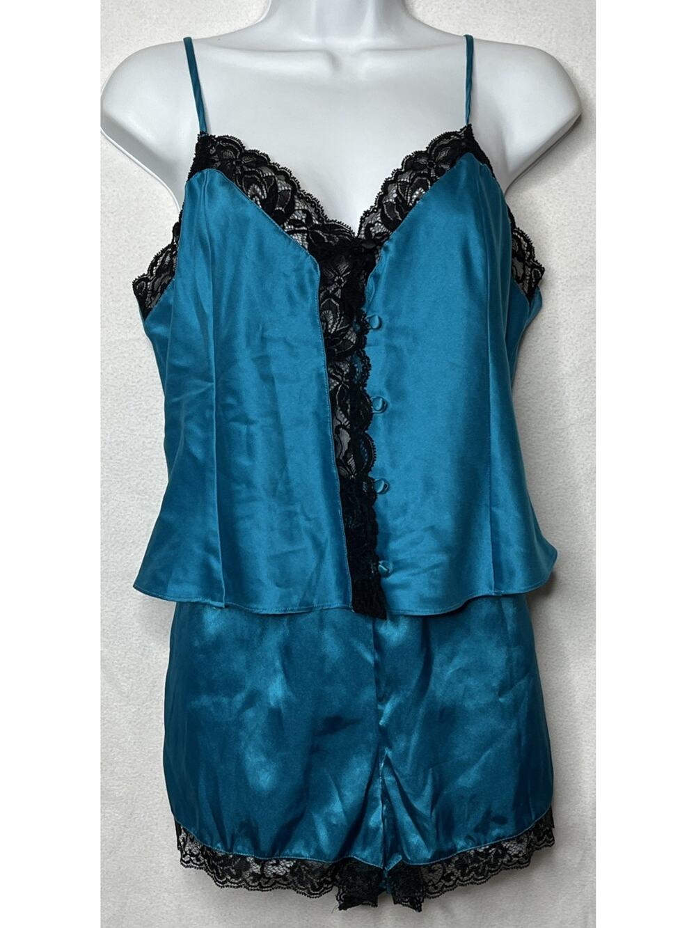 Vtg Victoria’s Secret M/L Teal Satin Cami Shorts Sleep Lingerie Sexy Set